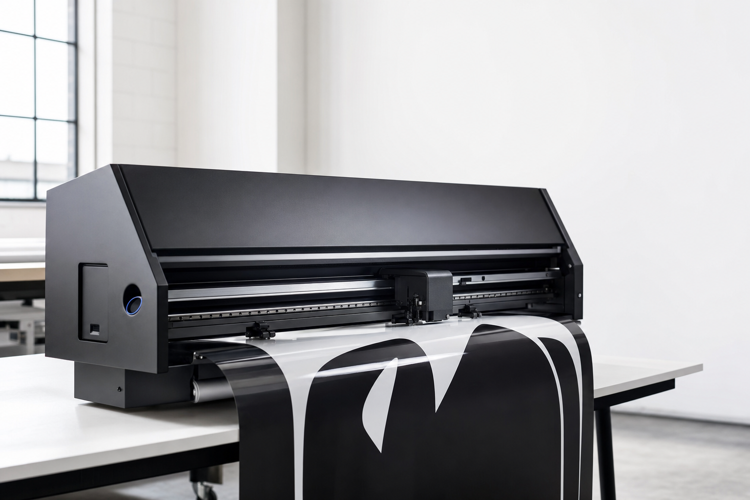 A Roland VersaSTUDIO BN2-30 desktop print-and-cut machine mid-run, printing a bold black graphic on vinyl.